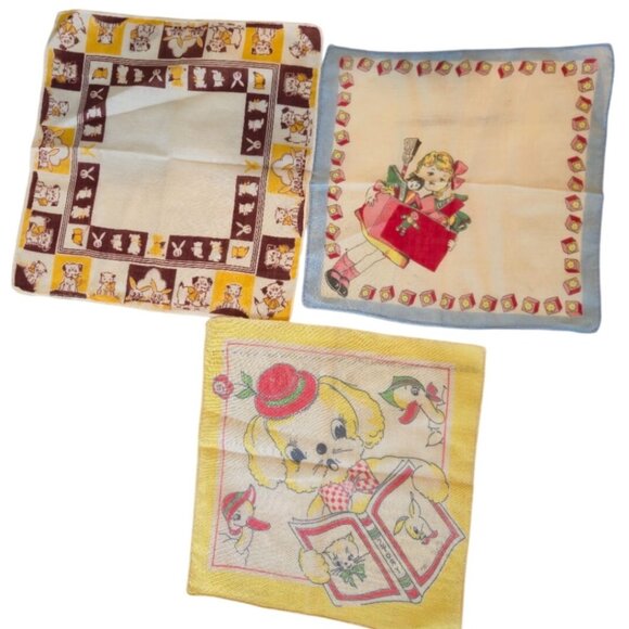 Vintage Children’s Handkerchief Lot 3 1950s Storybook Dog Nursery Retro Hankies - Picture 1 of 11